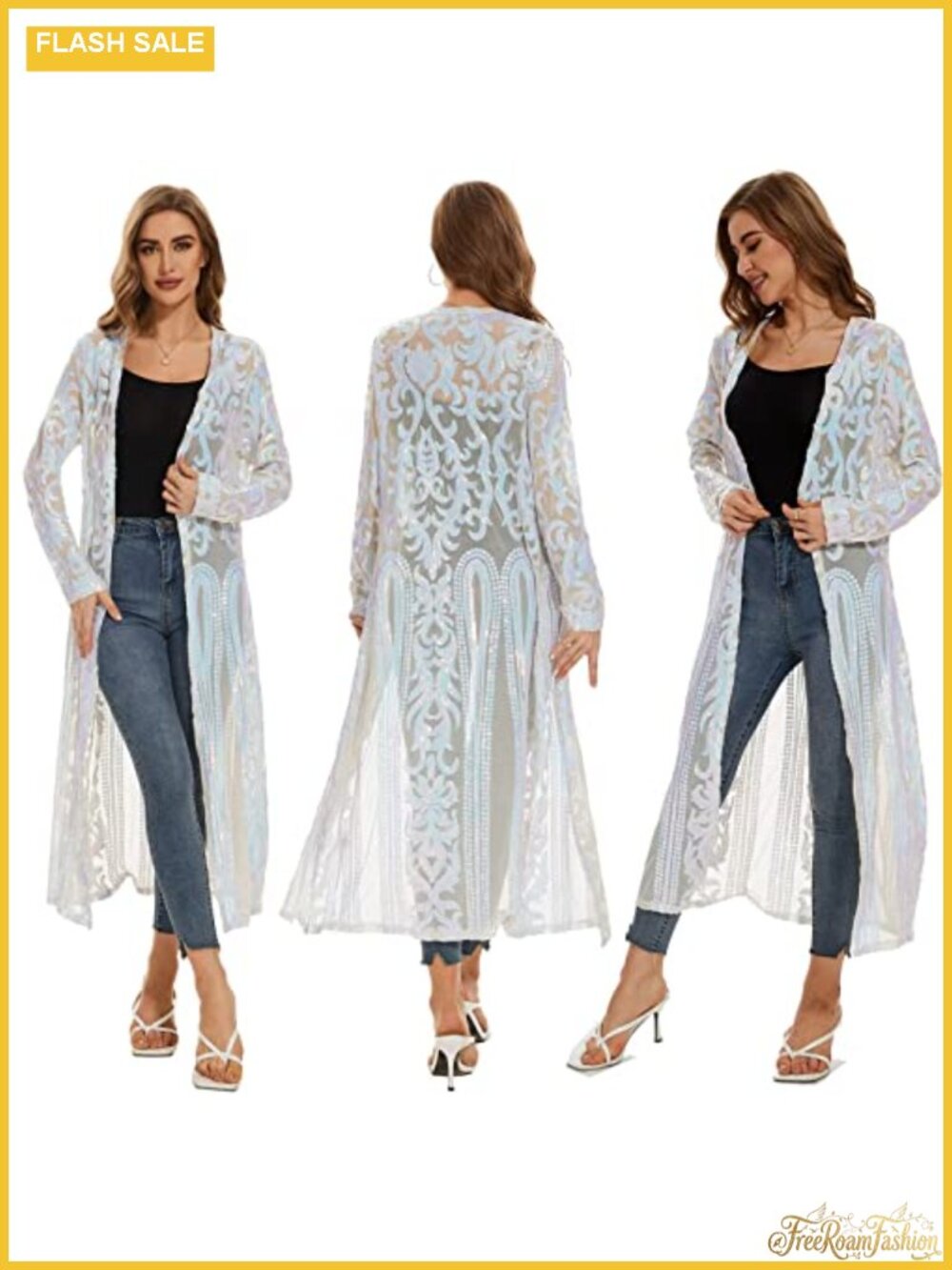 Sequin Cardigan Long Sleeve Sparkle Duster Evening Party Cover Up Open Front
